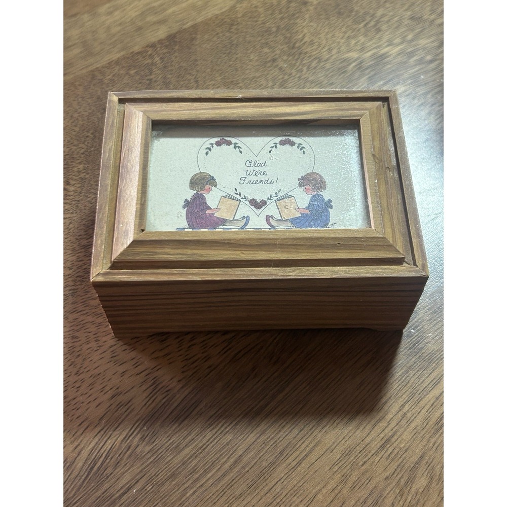 Vintage Solid Oak Wooden Hinged Lid Trinket Treasure Box Friendship Message